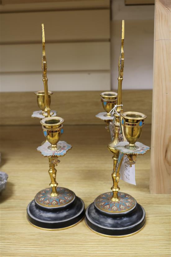 A pair of 19th century French ormolu and champleve candelabra 13.5ins